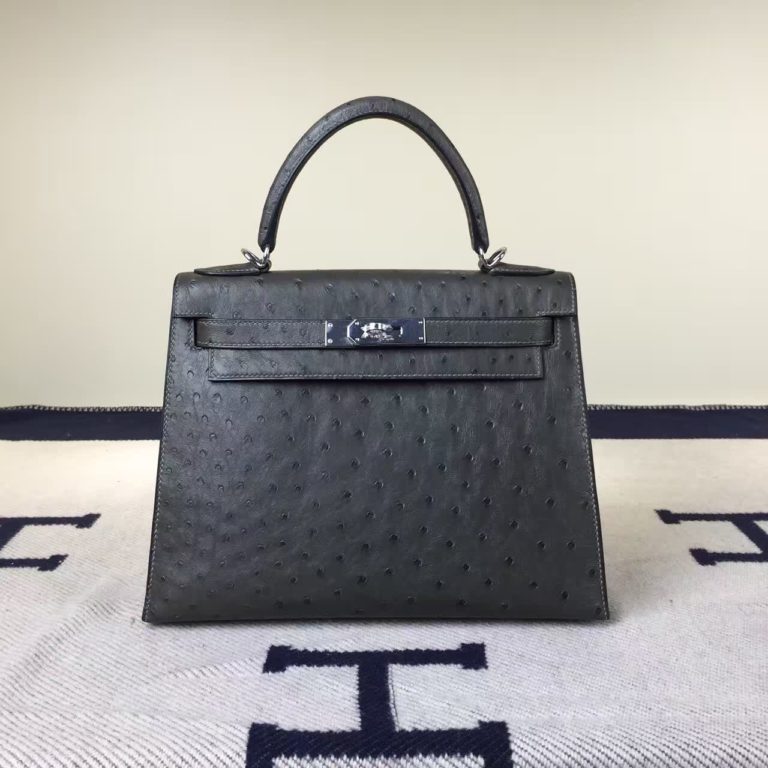 Hand Stitching Hermes Ostrich Leather Kelly Bag 28CM in 8F Etain Grey