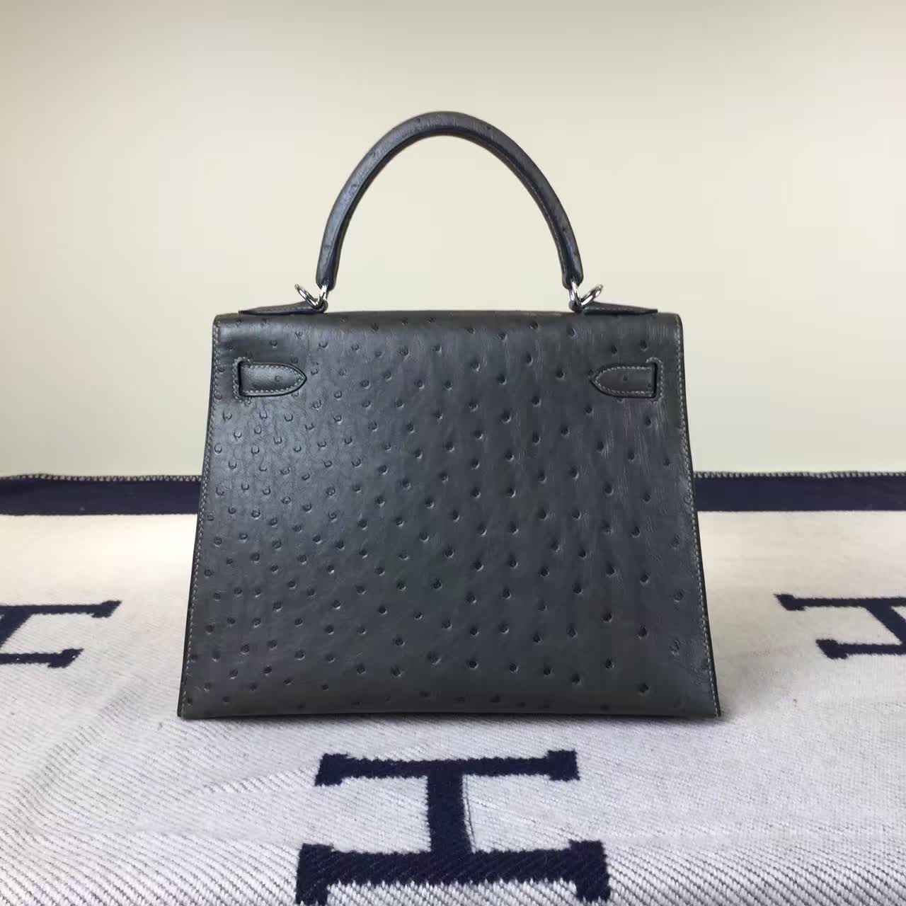 Hand Stitching Hermes Ostrich Leather Kelly Bag28CM in 8F Etain Grey