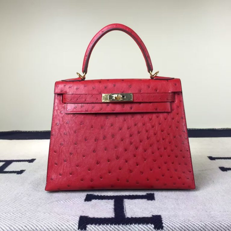 Hermes Kelly Bag  28cm Q5 Rouge Casaque Ostrich Leather