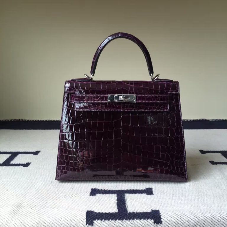 Hand Stitching Hermes 9G Violet Crocodile shiny Leather Kelly Bag  28cm