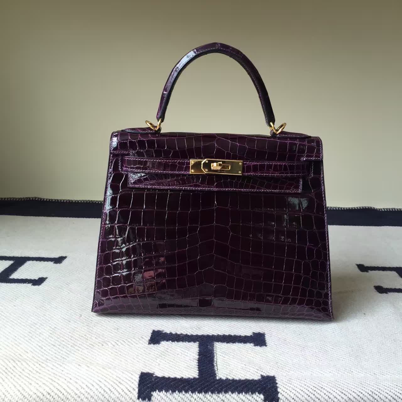 Hand Stitching Hermes 9G Violet Crocodile shiny Leather Kelly Bag 28cm