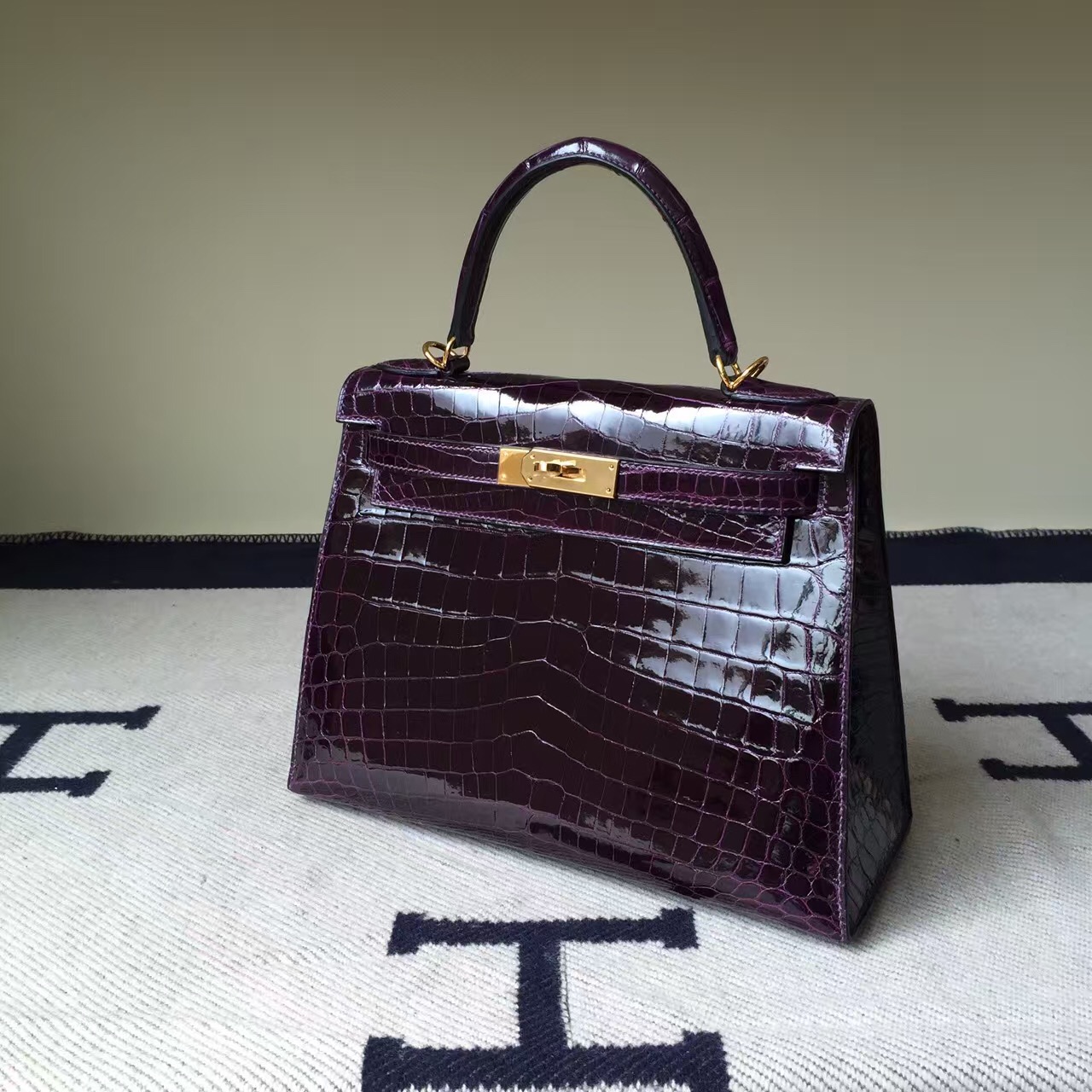 Hand Stitching Hermes 9G Violet Crocodile shiny Leather Kelly Bag 28cm