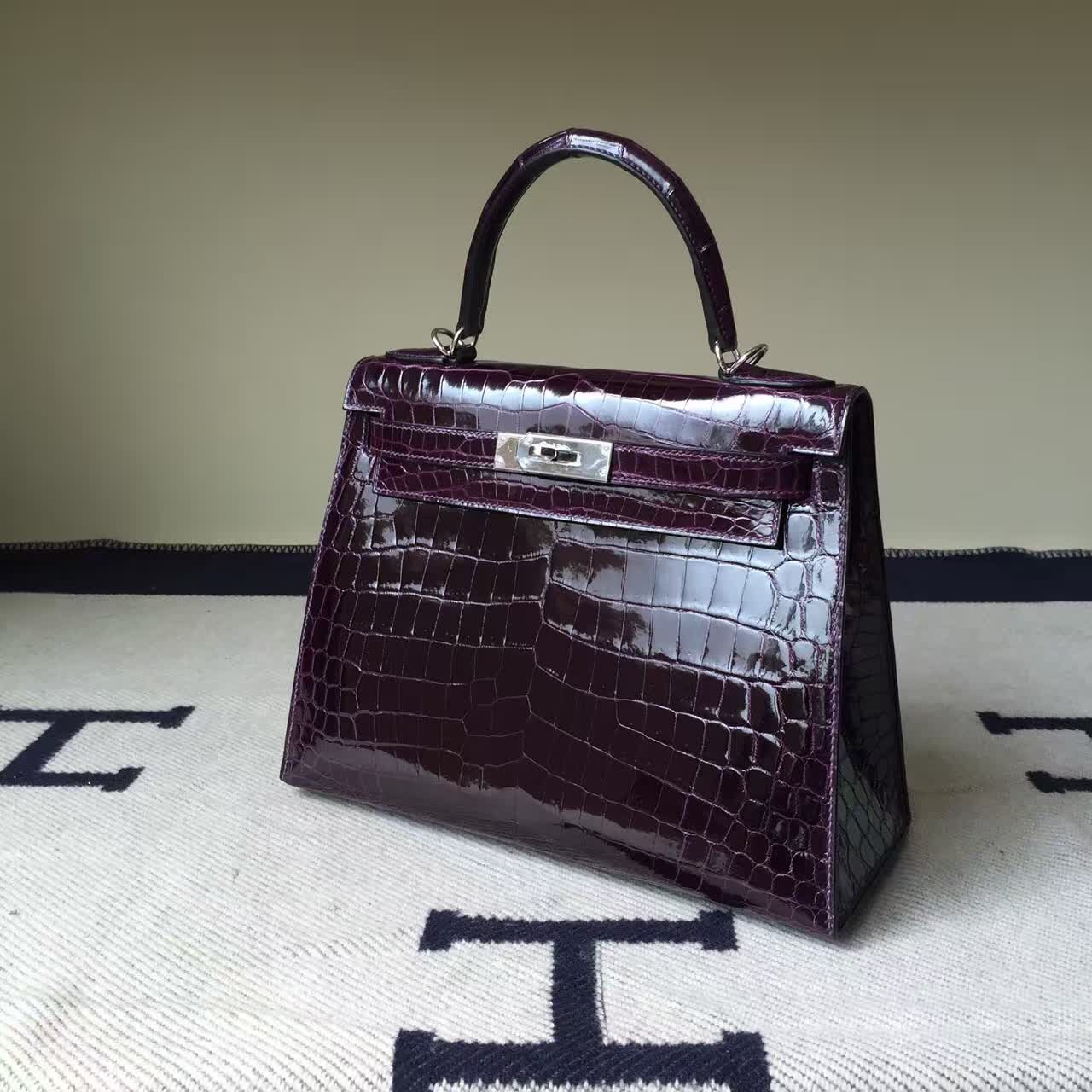 Hand Stitching Hermes 9G Violet Crocodile shiny Leather Kelly Bag 28cm