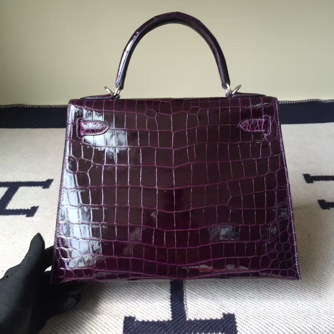 Hand Stitching Hermes 9G Violet Crocodile shiny Leather Kelly Bag 28cm