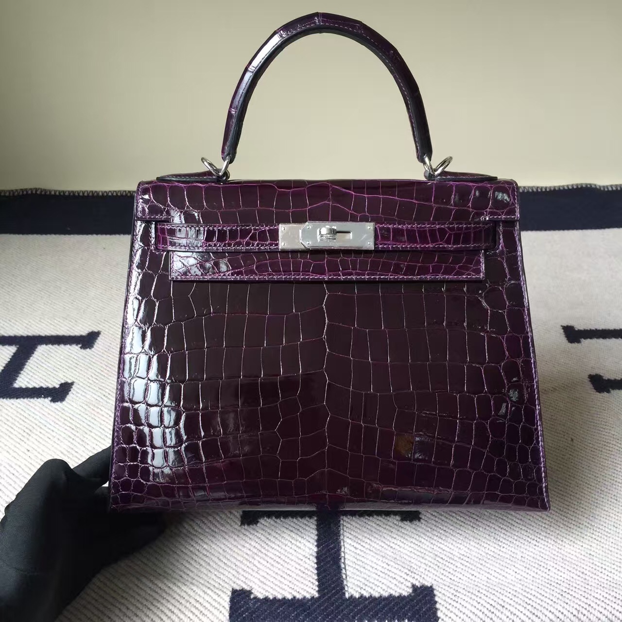 Hand Stitching Hermes 9G Violet Crocodile shiny Leather Kelly Bag 28cm