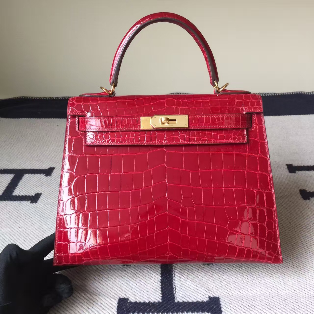 Hand Stitching Hermes CK55 Rouge Hermes Crocodile Shiny Leather Kelly Bag28CM