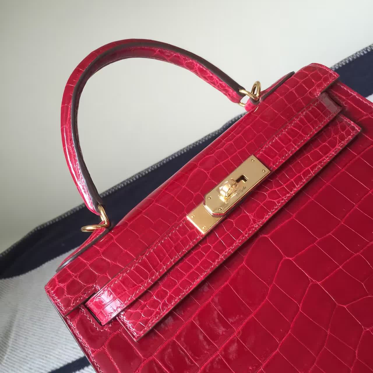 Hand Stitching Hermes CK55 Rouge Hermes Crocodile Shiny Leather Kelly Bag28CM