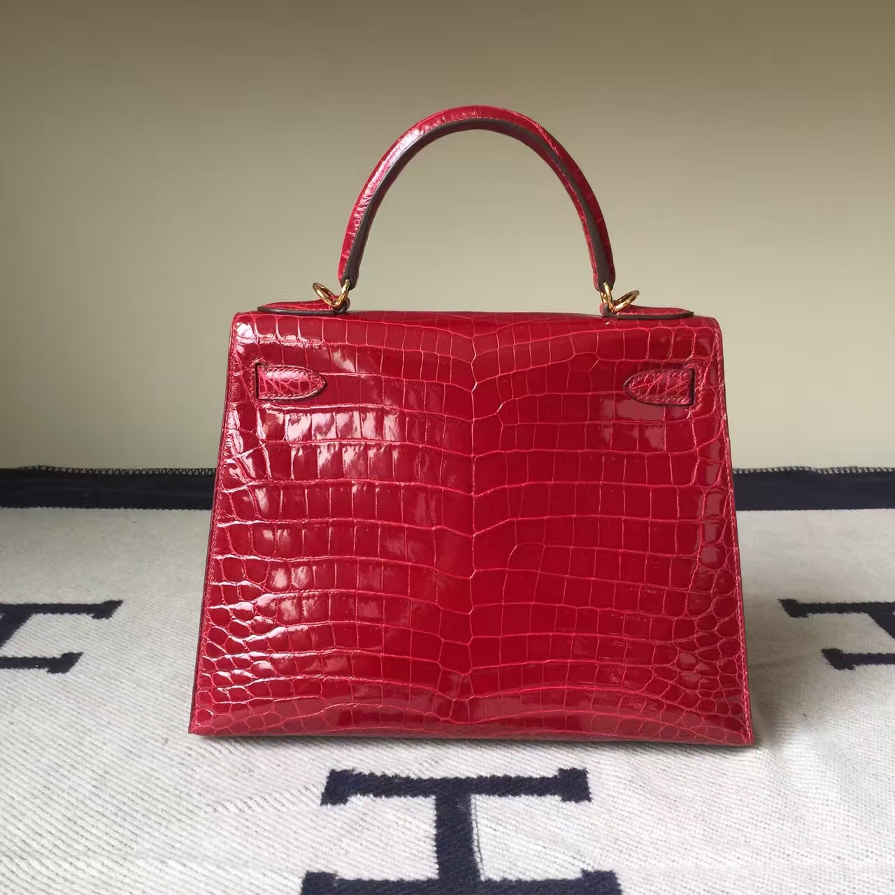 Hand Stitching Hermes CK55 Rouge Hermes Crocodile Shiny Leather Kelly Bag28CM