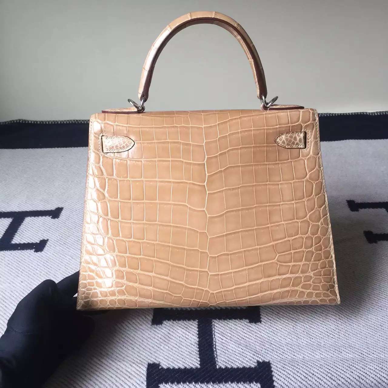 New Arrival Hermes Apricot Crocodile Shiny Leather Kelly Bag28CM