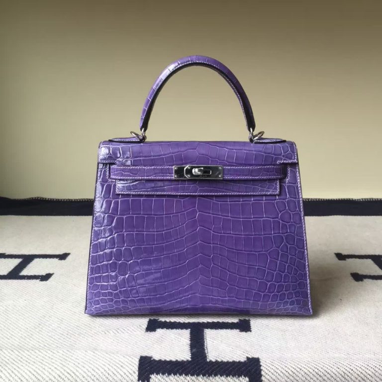Hermes Lavender Purple Crocodile Shiny Leather Kelly Bag  28CM