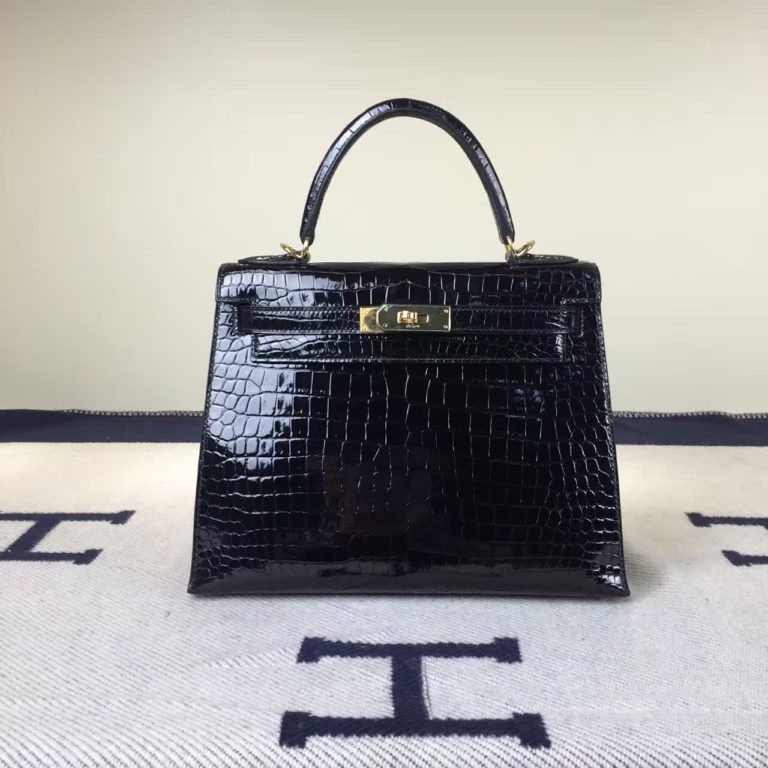 Hermes Kelly Bag  28cm CK89 Black Crocodile Shiny Leather