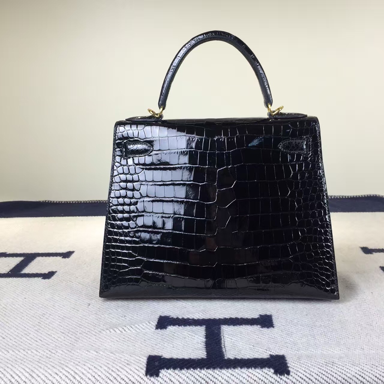 Discount Hermes Kelly Bag 28cm CK89 Black Crocodile Shiny Leather