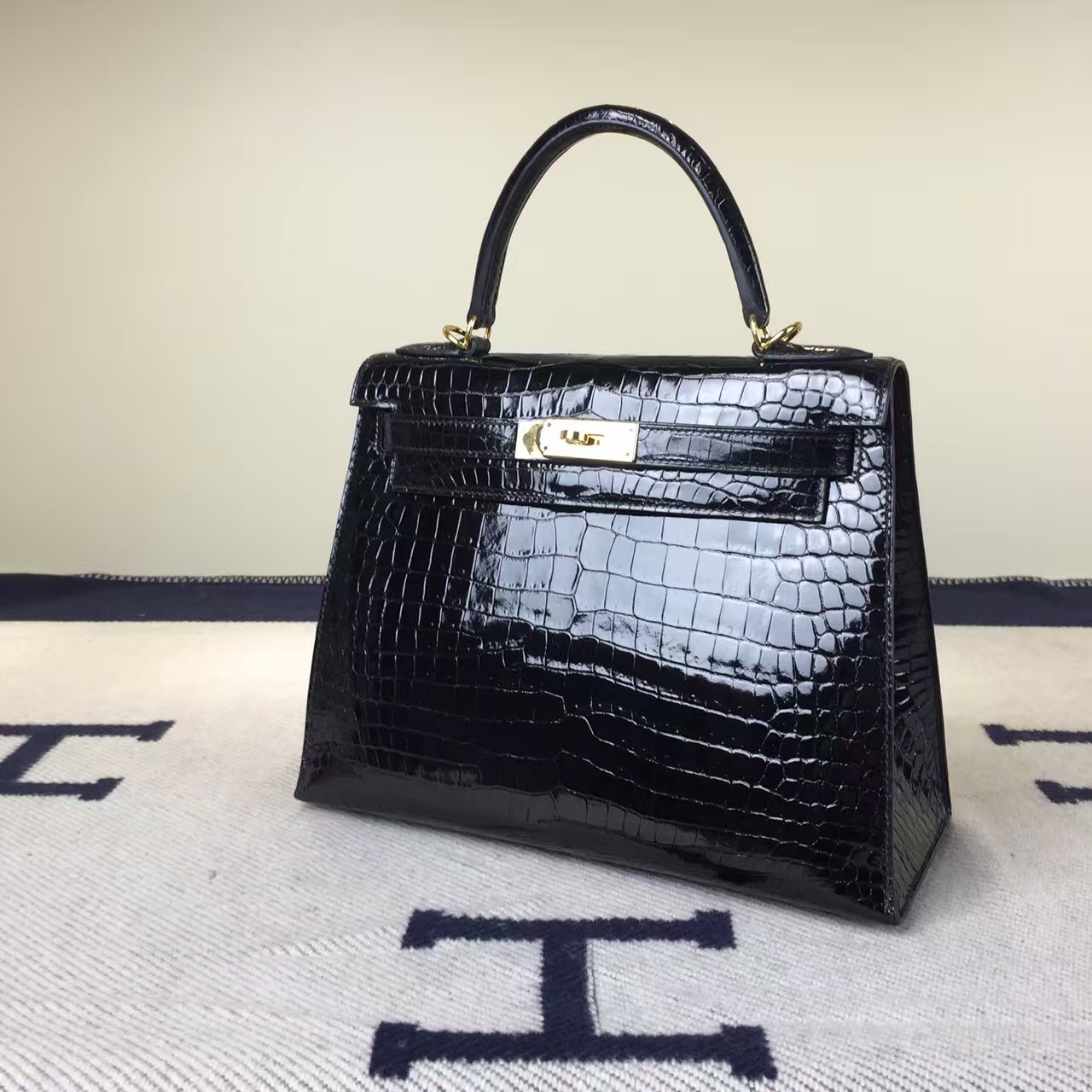 Discount Hermes Kelly Bag 28cm CK89 Black Crocodile Shiny Leather