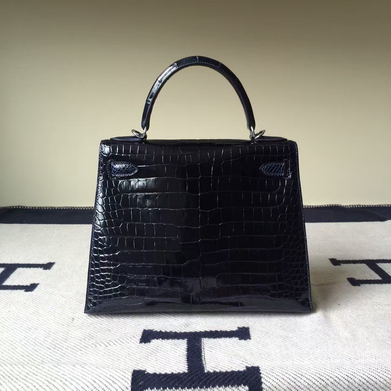 Cheap Hermes 73 Blue Saphir Crocodile Shiny Leather Sellier Kelly28cm Bag