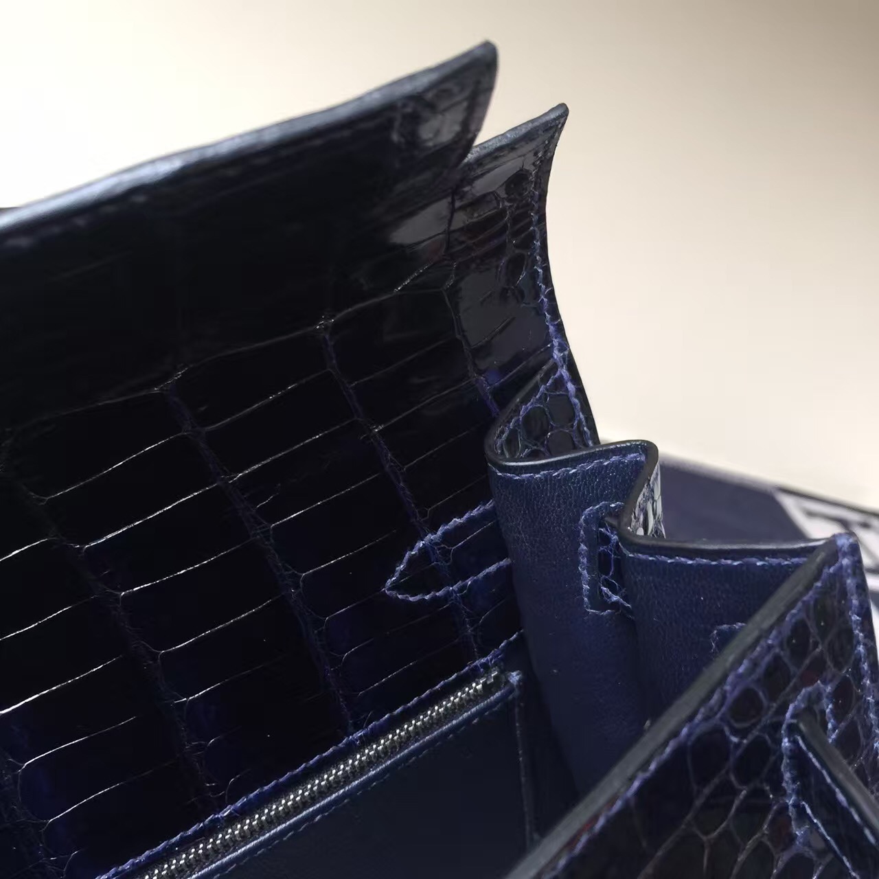 Cheap Hermes 73 Blue Saphir Crocodile Shiny Leather Sellier Kelly28cm Bag