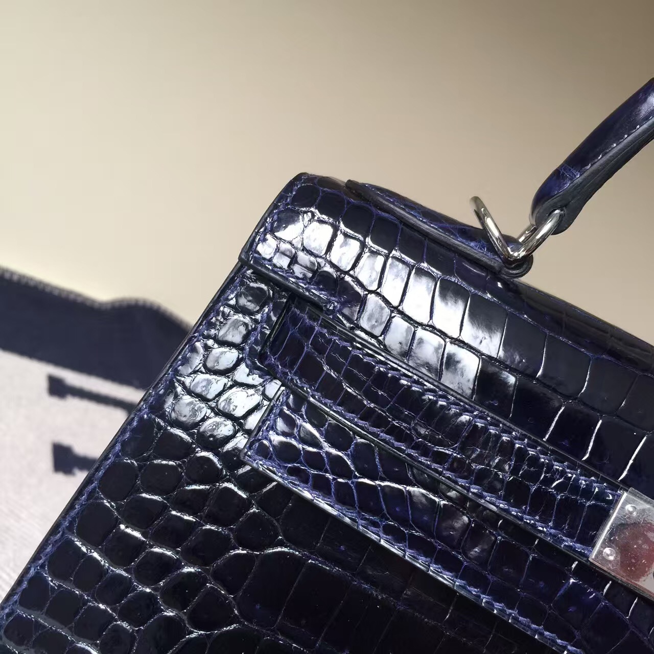 Cheap Hermes 73 Blue Saphir Crocodile Shiny Leather Sellier Kelly28cm Bag