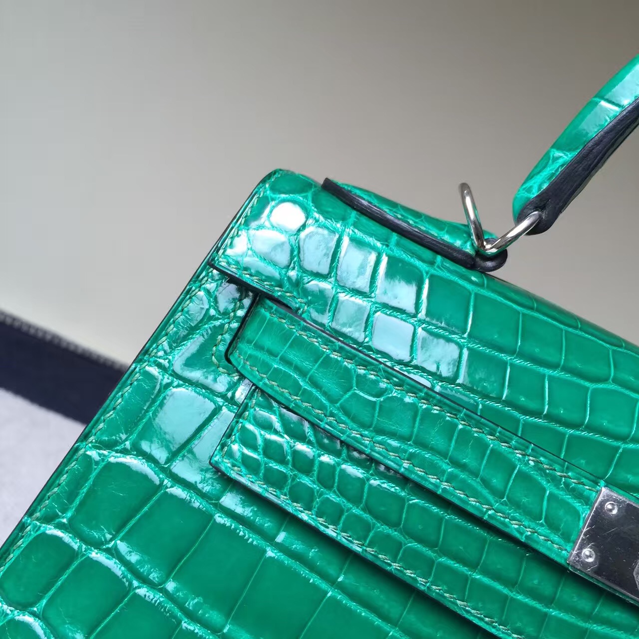 Sale Hermes Crocodile Shiny Leather Sellier Kelly Bag28CM in 6Q Emerald Green