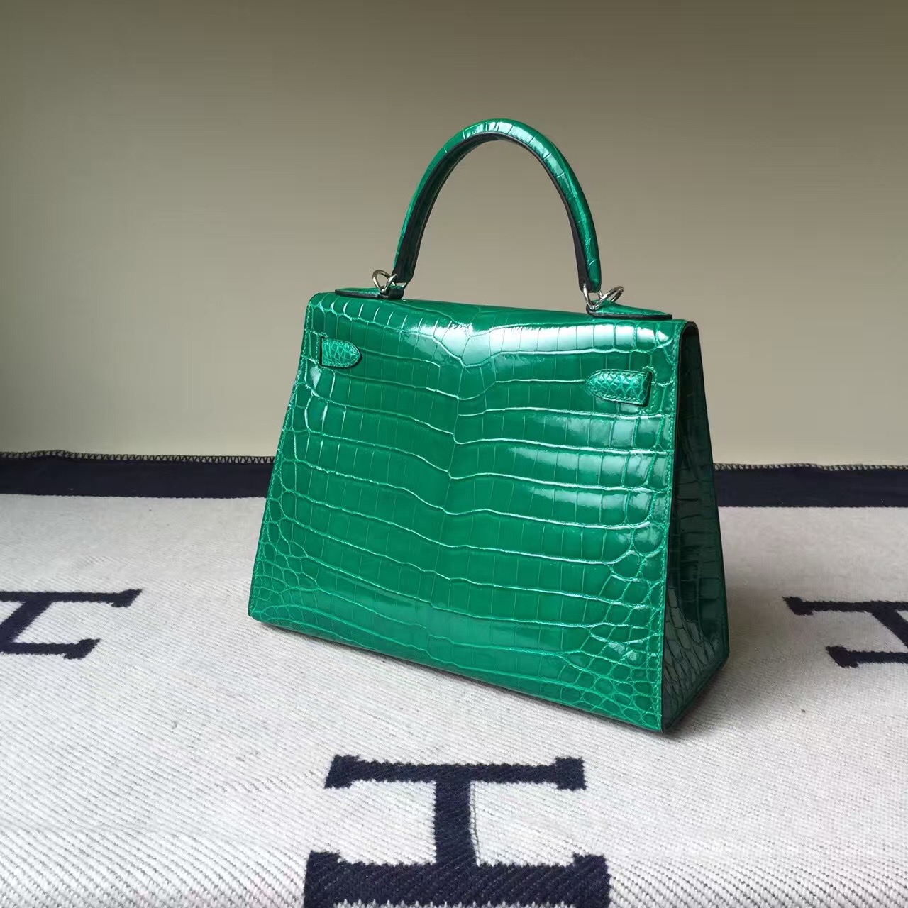 Sale Hermes Crocodile Shiny Leather Sellier Kelly Bag28CM in 6Q Emerald Green