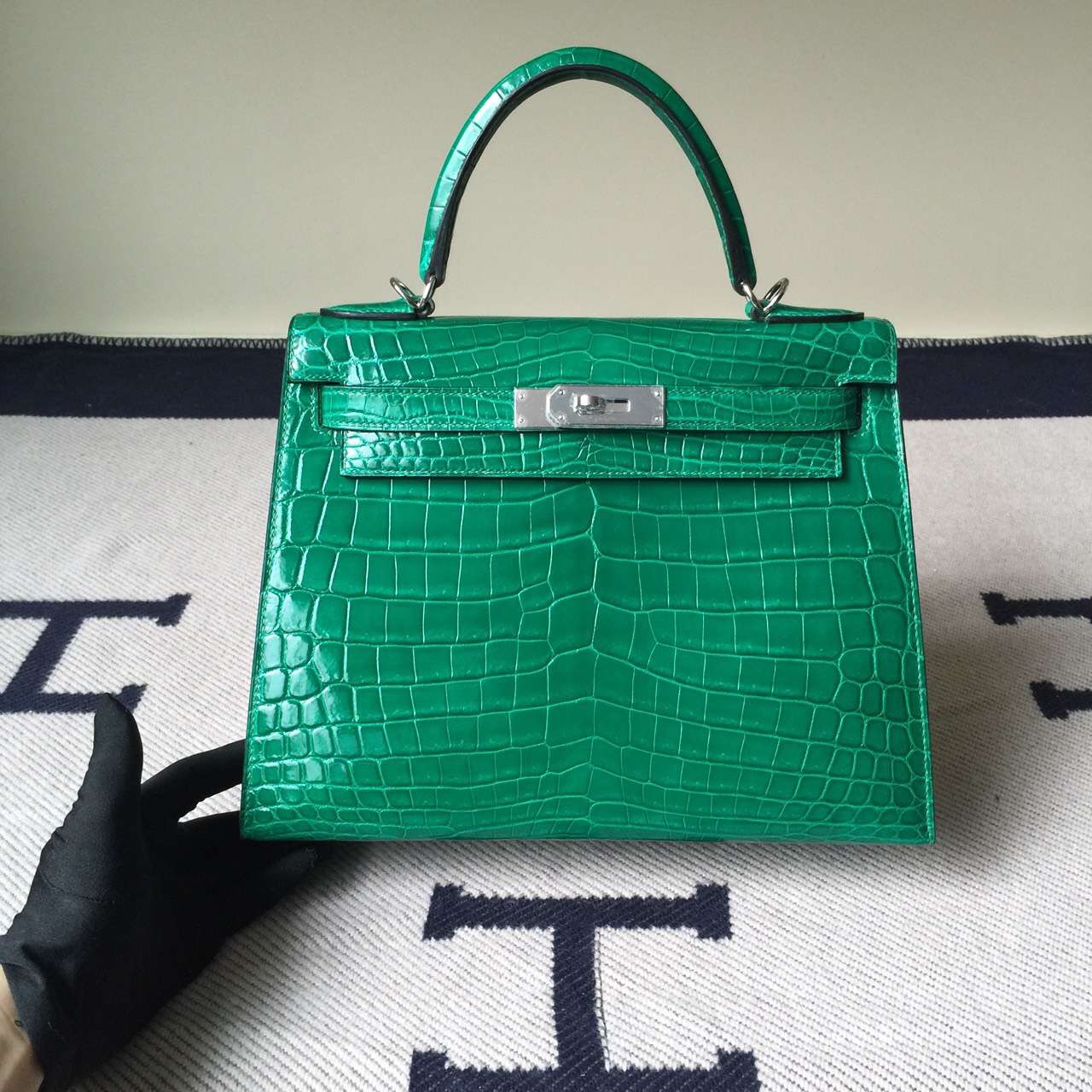 Sale Hermes Crocodile Shiny Leather Sellier Kelly Bag28CM in 6Q Emerald Green