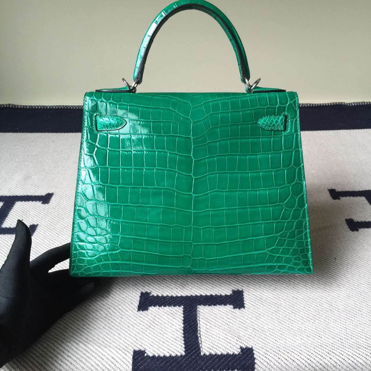 Sale Hermes Crocodile Shiny Leather Sellier Kelly Bag28CM in 6Q Emerald Green