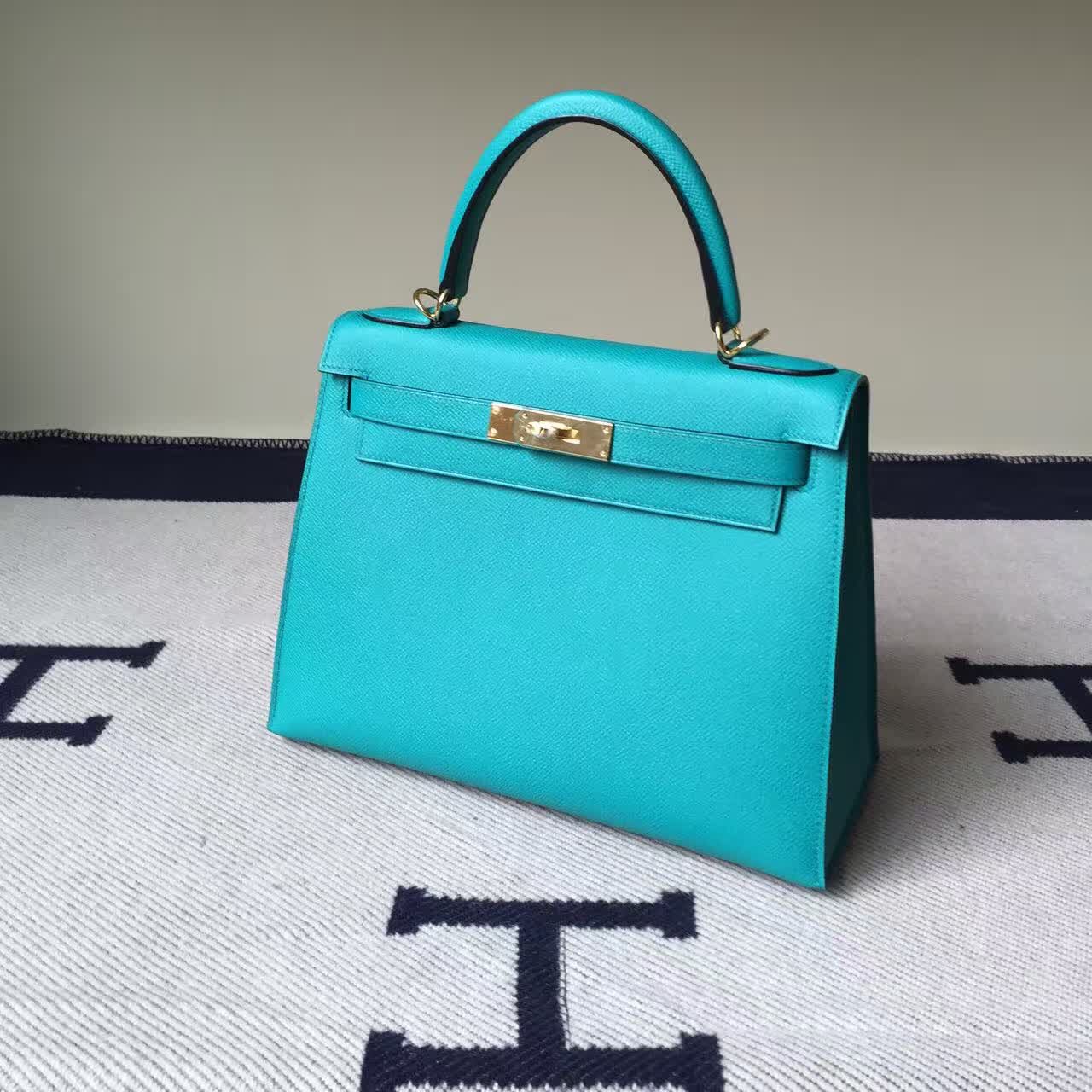 Hand Stitching Hermes 7F Lagon Green Epsom Leather Kelly Bag28CM