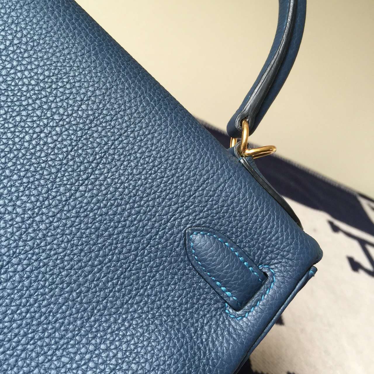 Discount Hermes 1P Duck Blue Togo Calfskin Leather Retourne Kelly Bag28CM