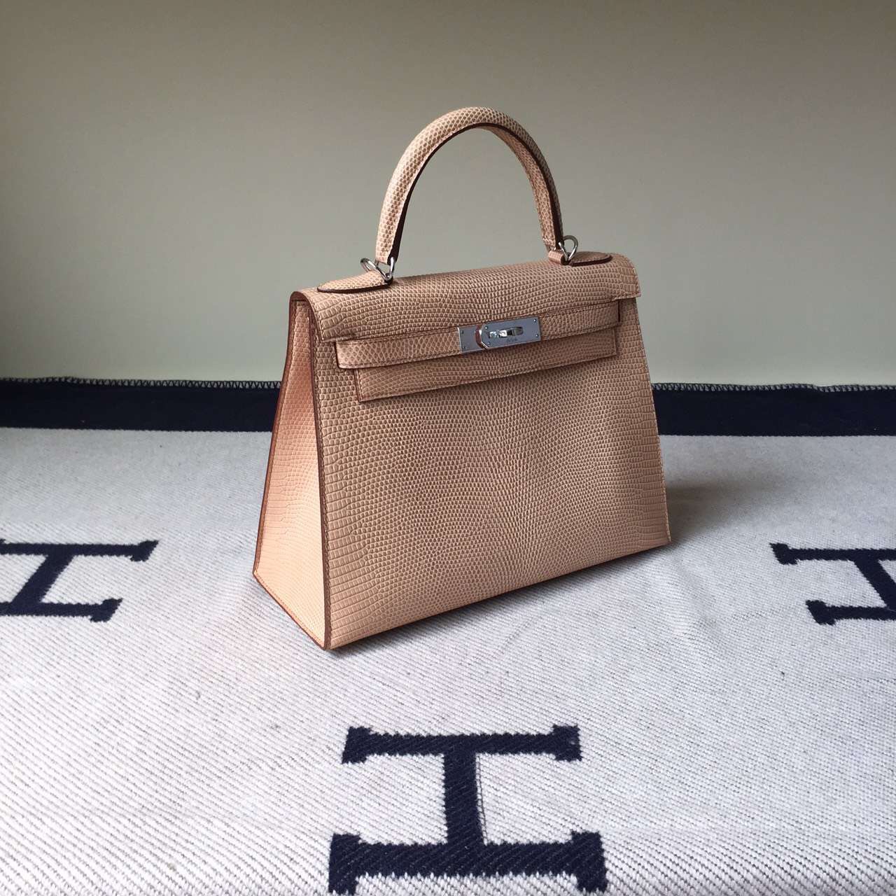 Cheap Hermes Apricot Lizard Leather Sellier Kelly Bag 28CM