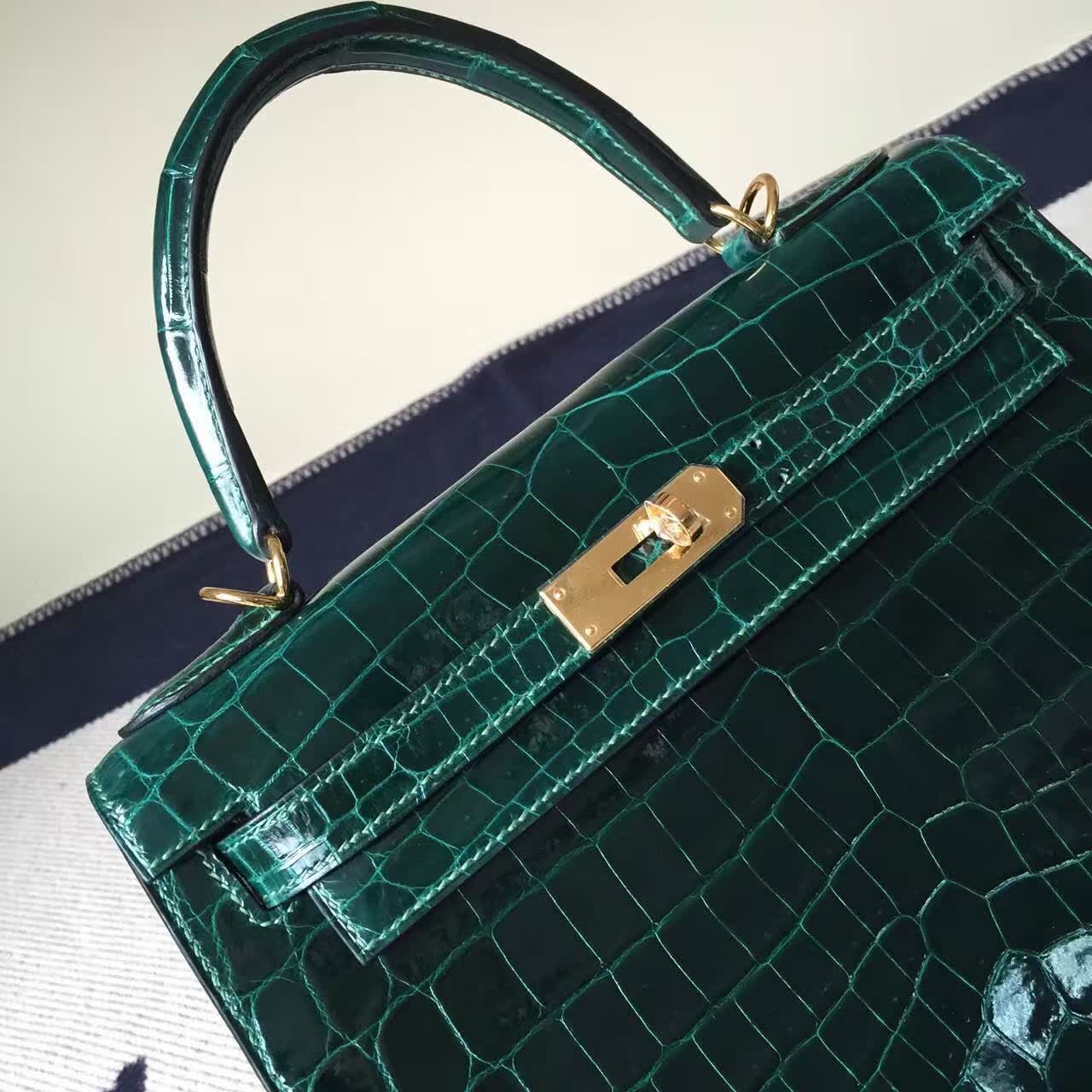 Discount Hermes CK67 Vert Fonce Crocodile Shiny Leather Sellier Kelly Bag28CM