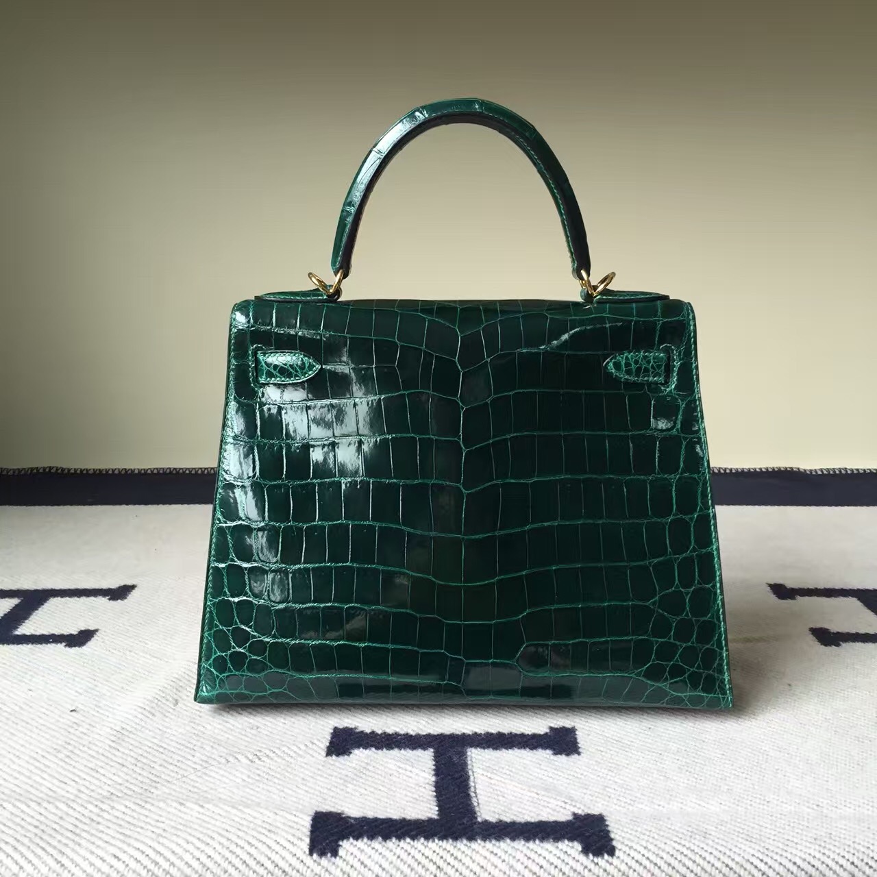 Discount Hermes CK67 Vert Fonce Crocodile Shiny Leather Sellier Kelly Bag28CM