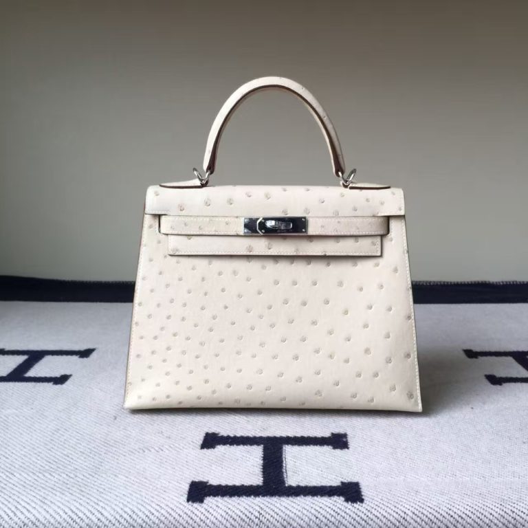 On Line Hermes 3C Wool White Ostrich Leather Sellier Kelly 28CM Tote Bag