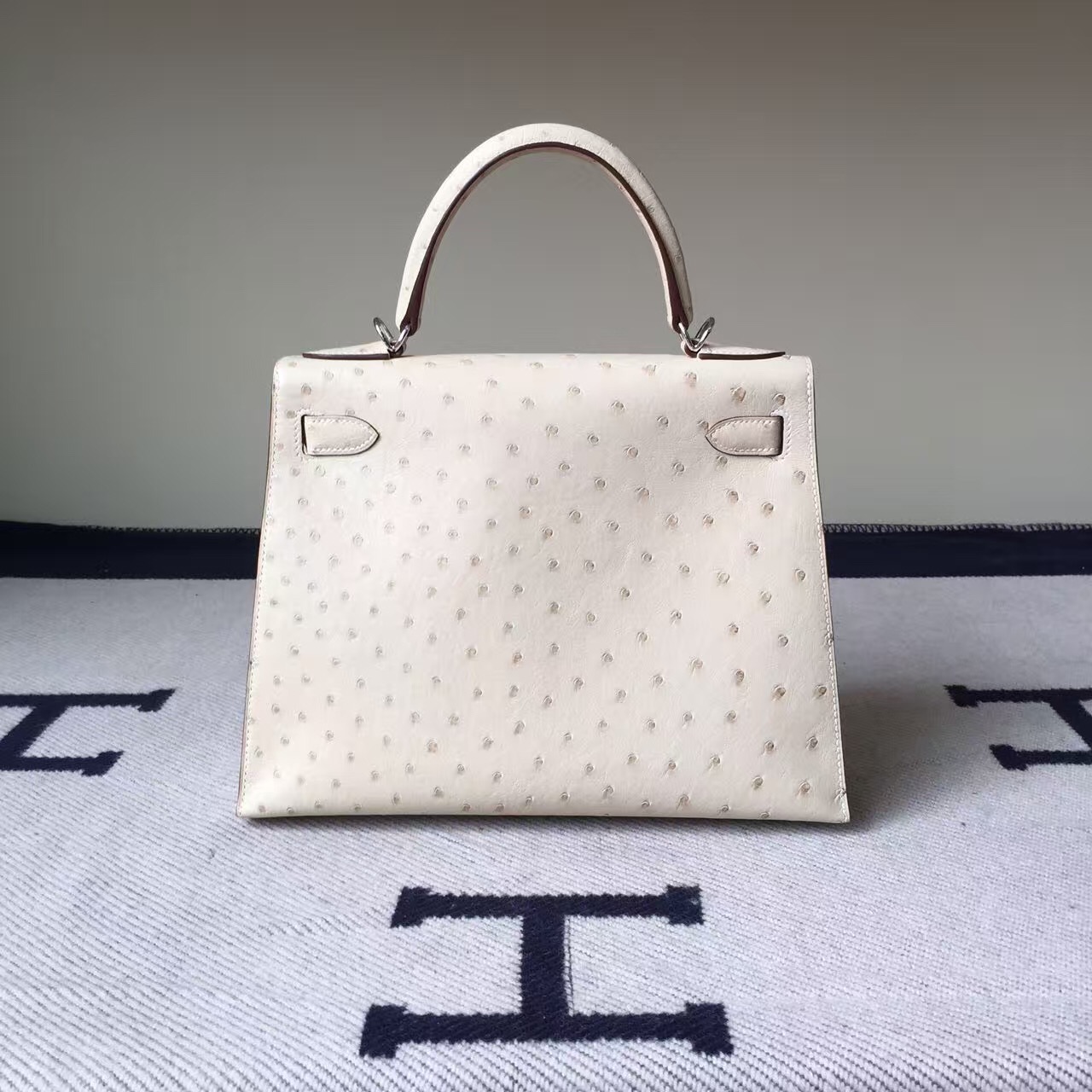 On Line Hermes 3C Wool White Ostrich Leather Sellier Kelly28CM Tote Bag