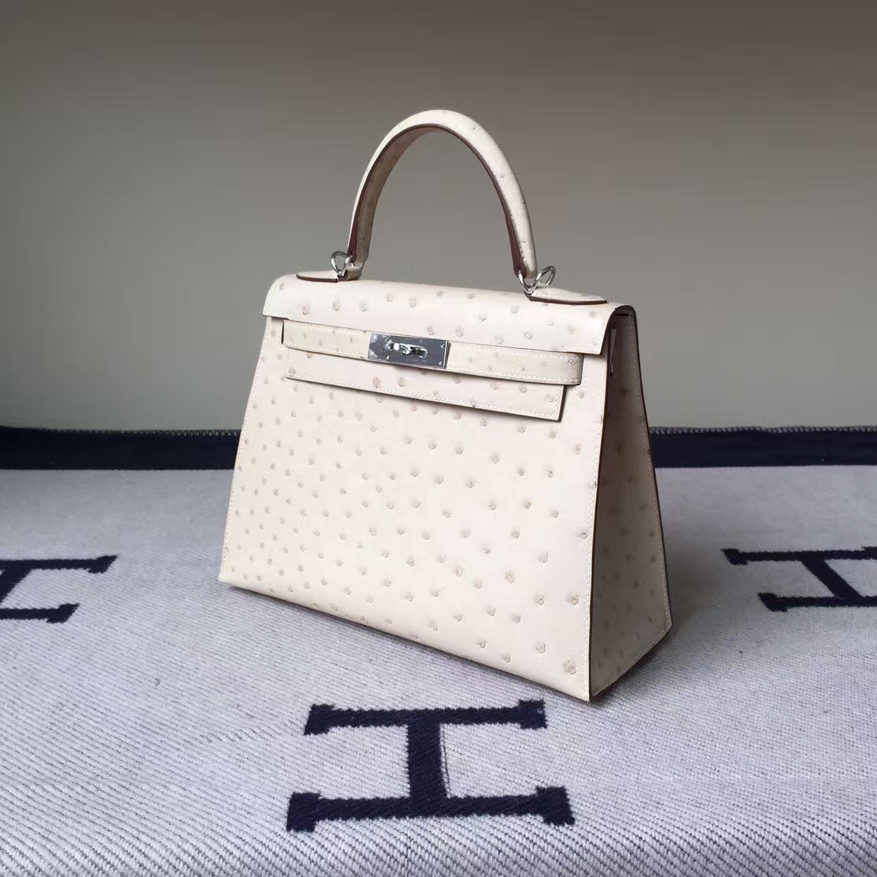 On Line Hermes 3C Wool White Ostrich Leather Sellier Kelly28CM Tote Bag