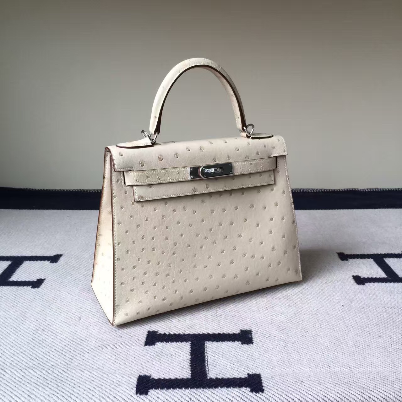 On Line Hermes 3C Wool White Ostrich Leather Sellier Kelly28CM Tote Bag
