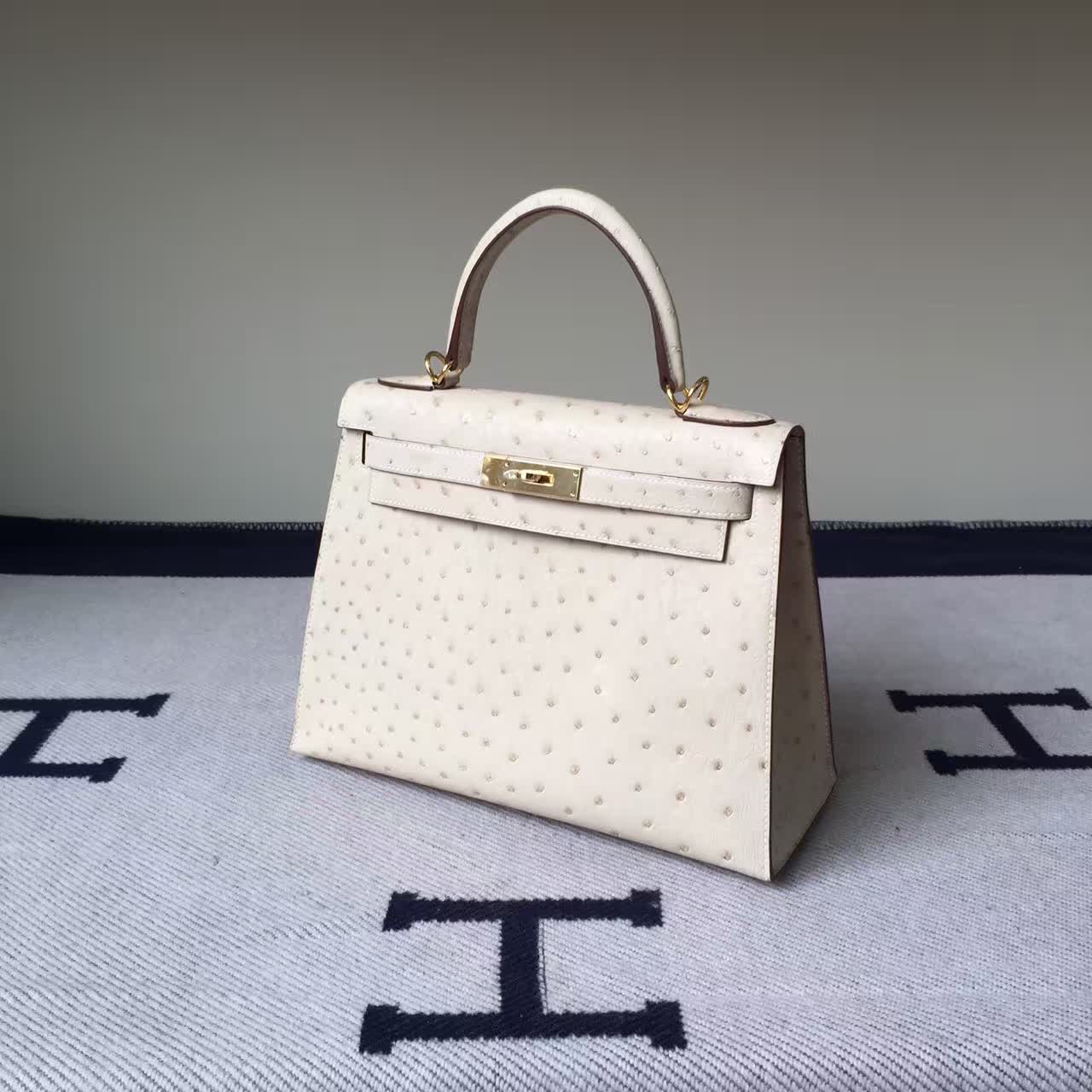 On Line Hermes 3C Wool White Ostrich Leather Sellier Kelly28CM Tote Bag
