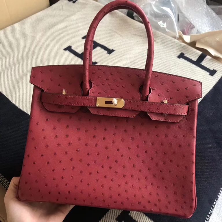 Hermes Ruby Red Ostrich Leather Birkin 30CM Tote Bag Gold Hardware