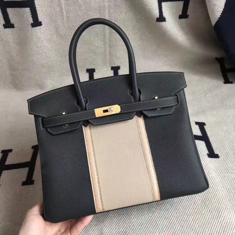 Hermes CK88 Graphite Grey Togo Calfskin & Apricot Lizard Skin Birkin 30CM Bag