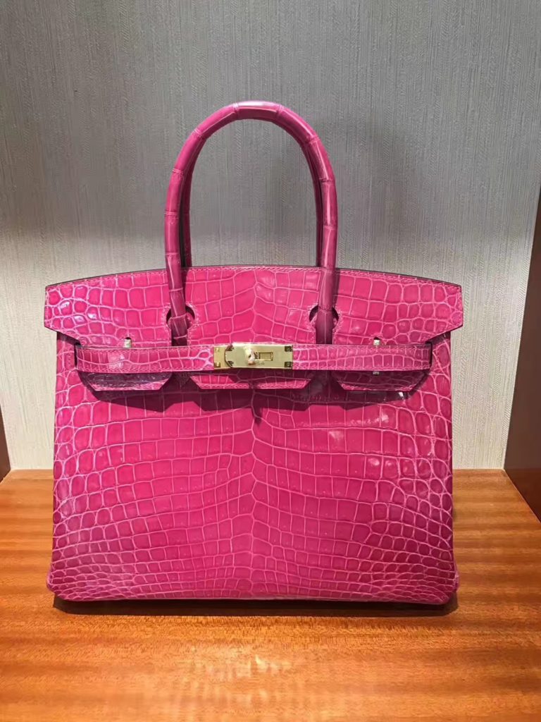 Hermes 5J Peach Pink Crocodile Shiny Leather Birkin 30CM Tote Bag