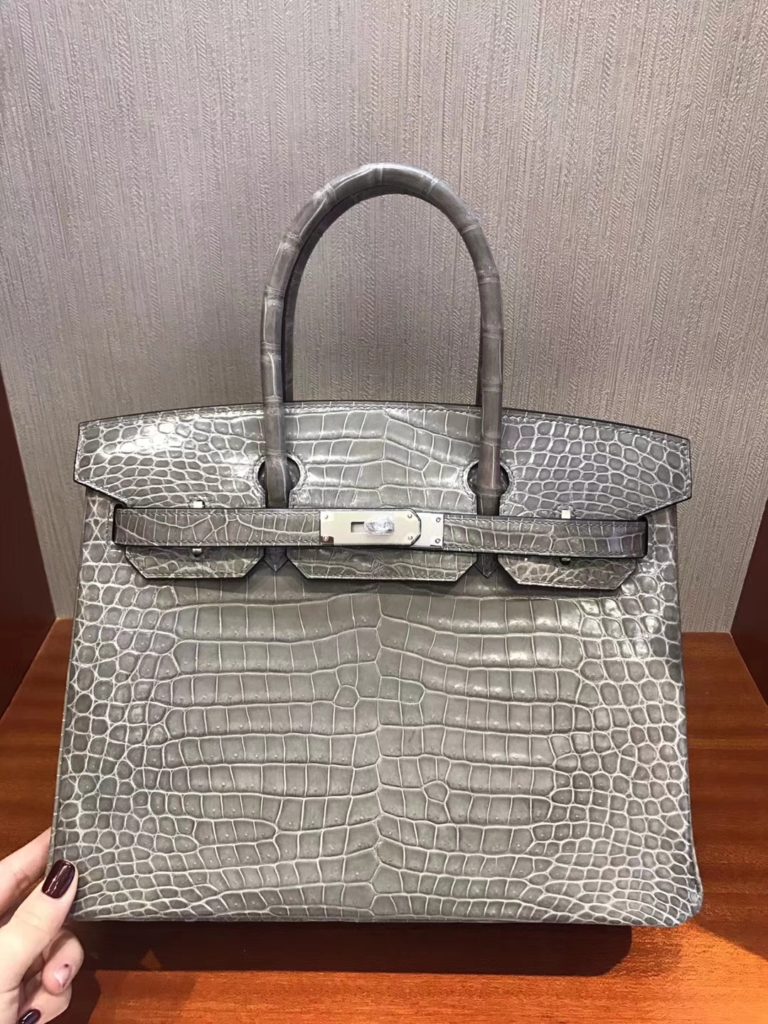 Hermes C81 Gris Tourterelle Shiny Crocodile Leather Birkin 30cm Bag