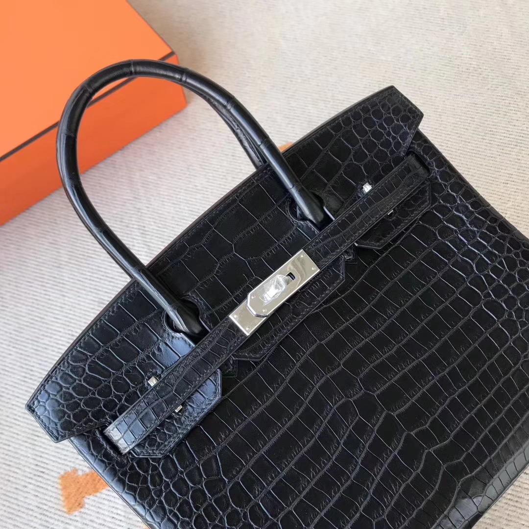Elegant Hermes Classic Bag CK89 Black Porosus Crocodile Matt Birkin Bag30CM