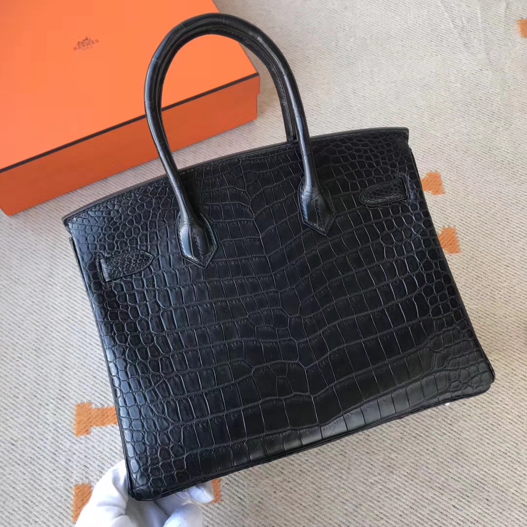 Elegant Hermes Classic Bag CK89 Black Porosus Crocodile Matt Birkin Bag30CM