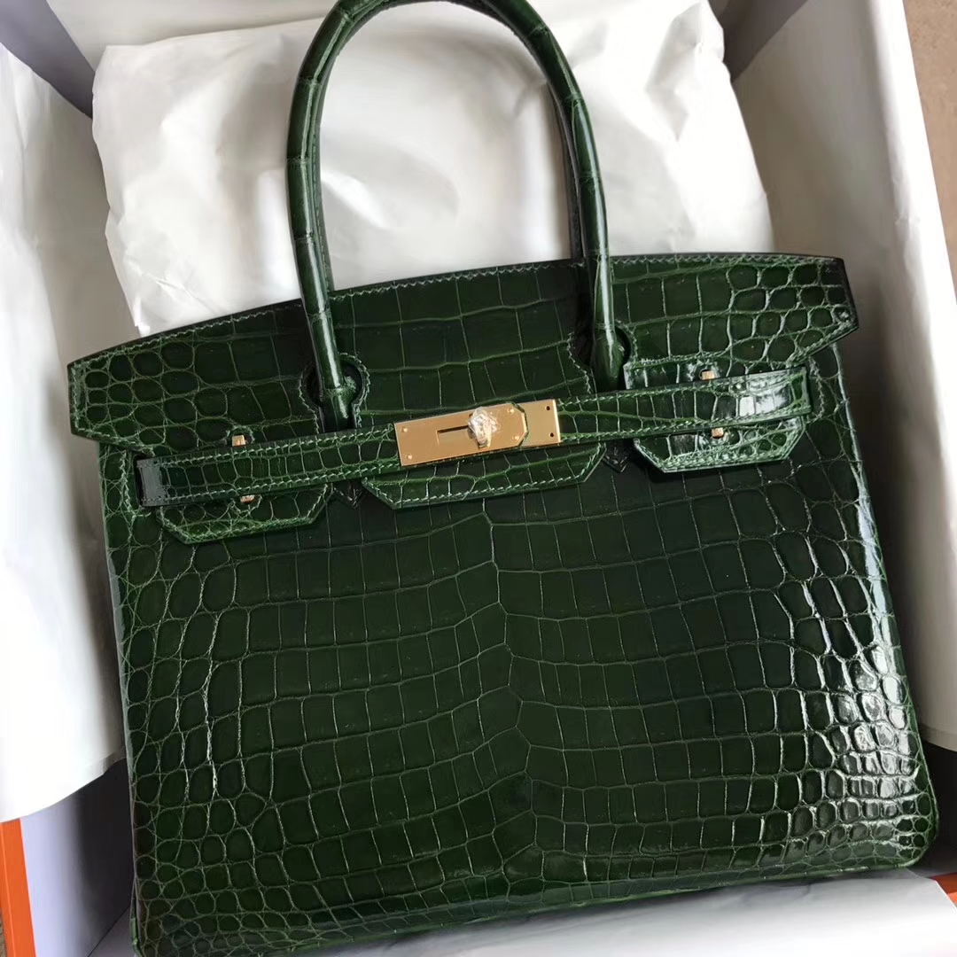 Noble Hermes CK67 Vert Fonce Shiny Crocodile Leather Birkin30CM Bag