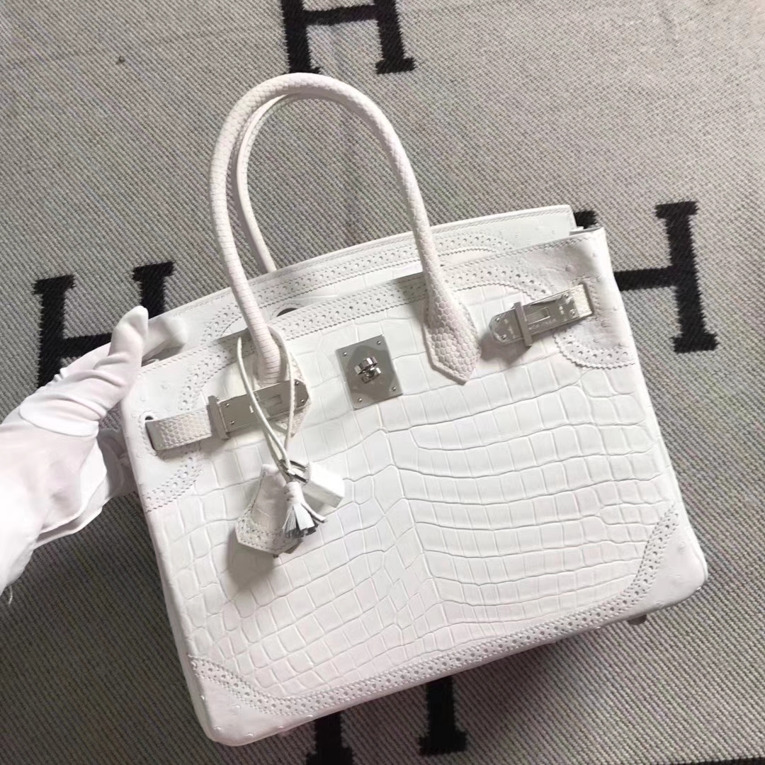 New Fashion Hermes Pure White Multi-leather Ghillies Birkin30CM Bag Silver Hardware