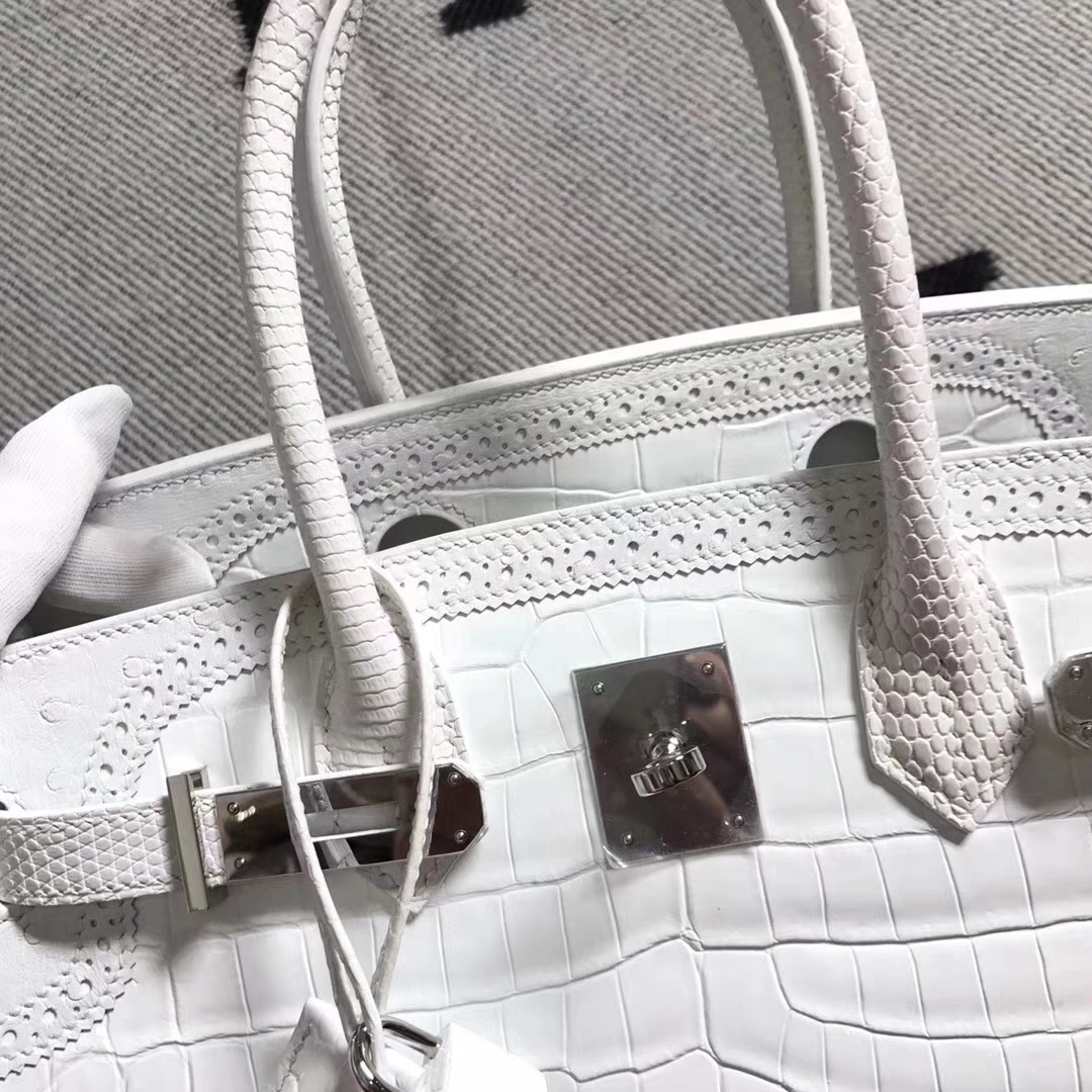 New Fashion Hermes Pure White Multi-leather Ghillies Birkin30CM Bag Silver Hardware