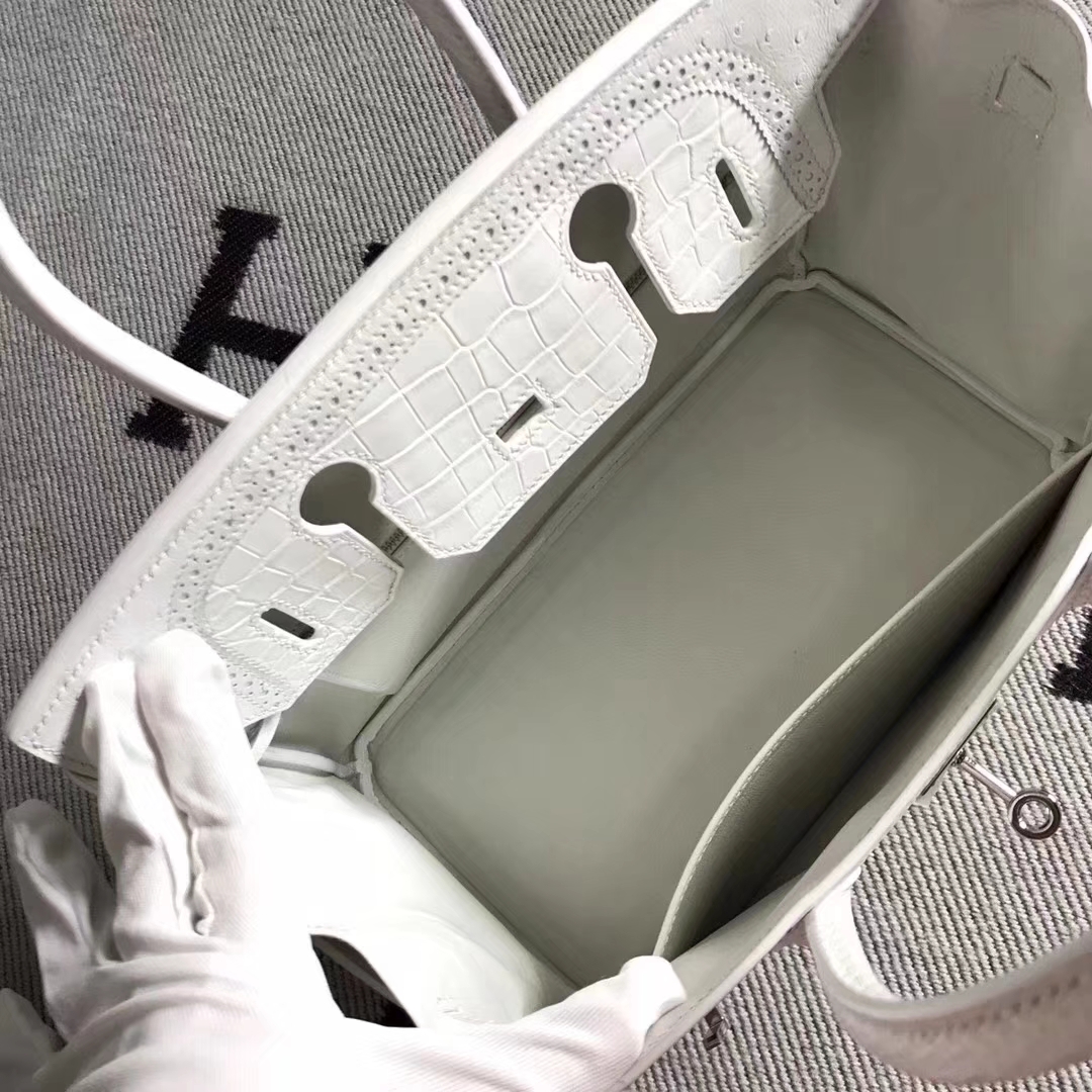 New Fashion Hermes Pure White Multi-leather Ghillies Birkin30CM Bag Silver Hardware