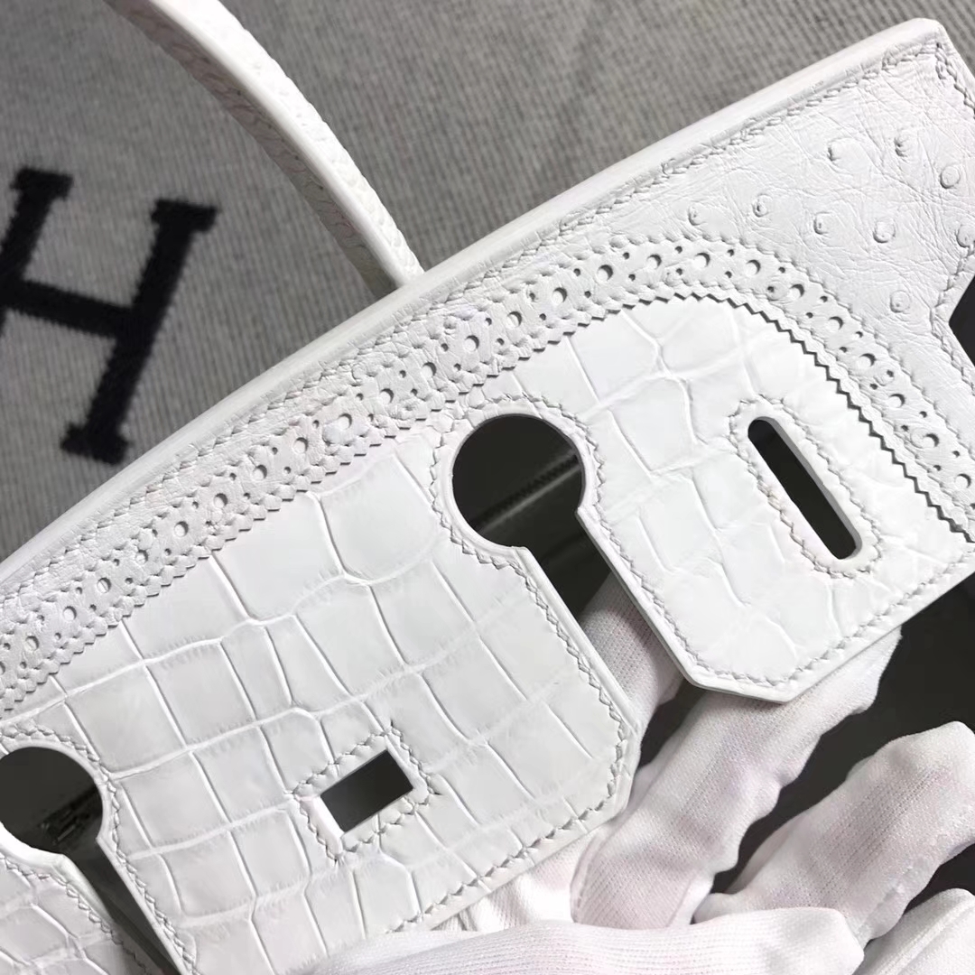 New Fashion Hermes Pure White Multi-leather Ghillies Birkin30CM Bag Silver Hardware