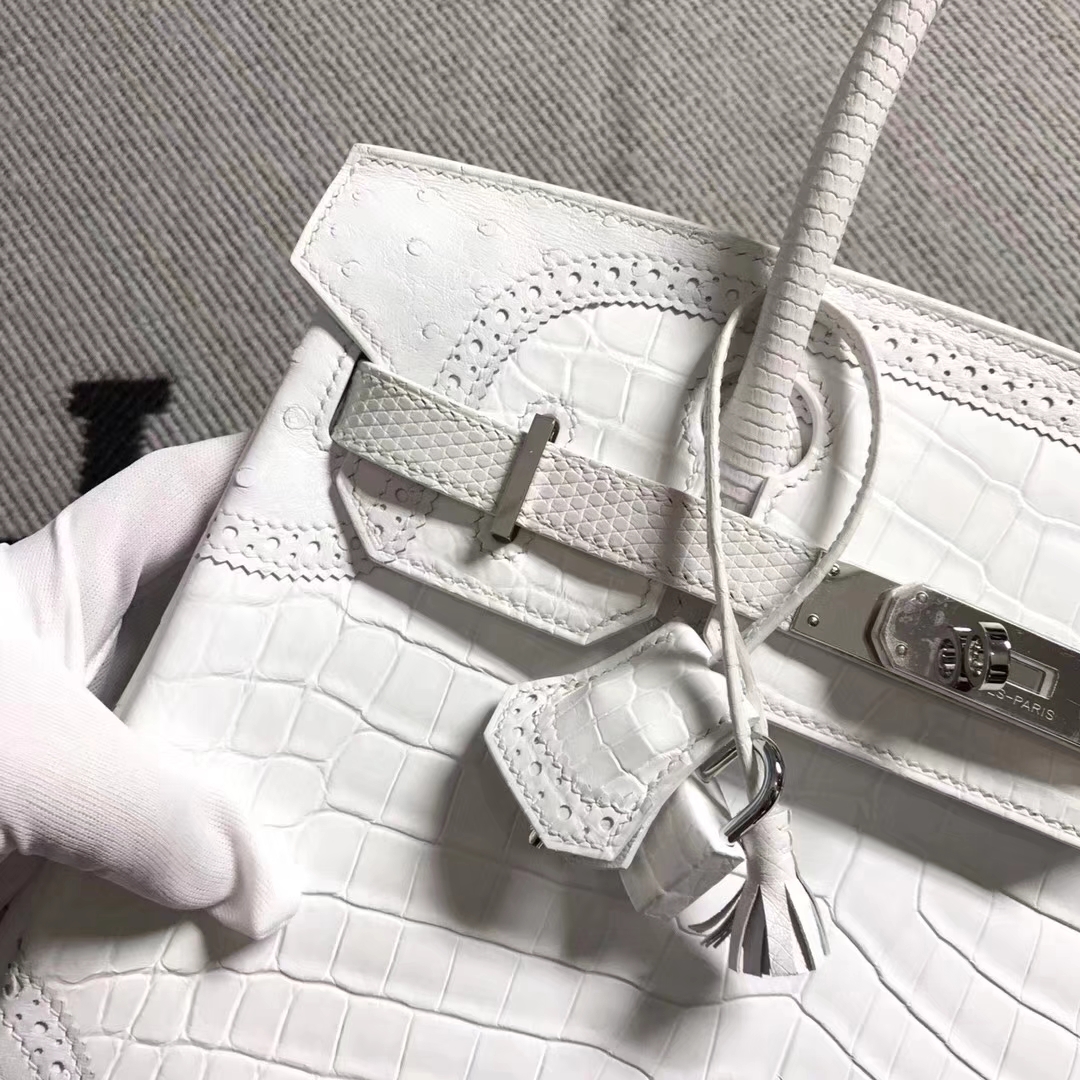 New Fashion Hermes Pure White Multi-leather Ghillies Birkin30CM Bag Silver Hardware