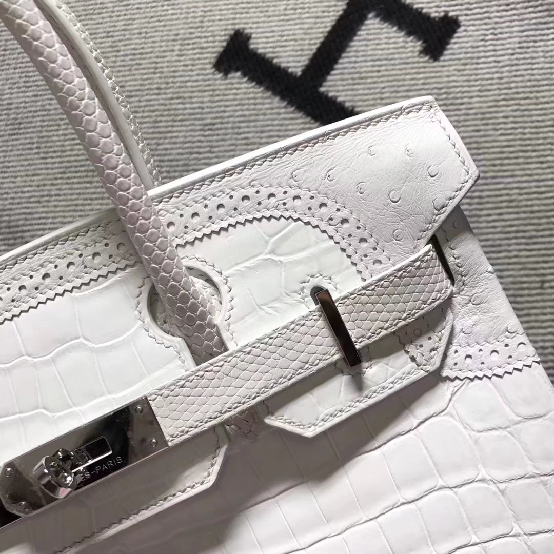 New Fashion Hermes Pure White Multi-leather Ghillies Birkin30CM Bag Silver Hardware