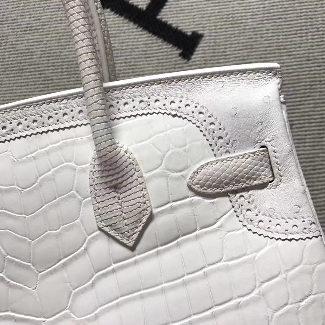 New Fashion Hermes Pure White Multi-leather Ghillies Birkin30CM Bag Silver Hardware