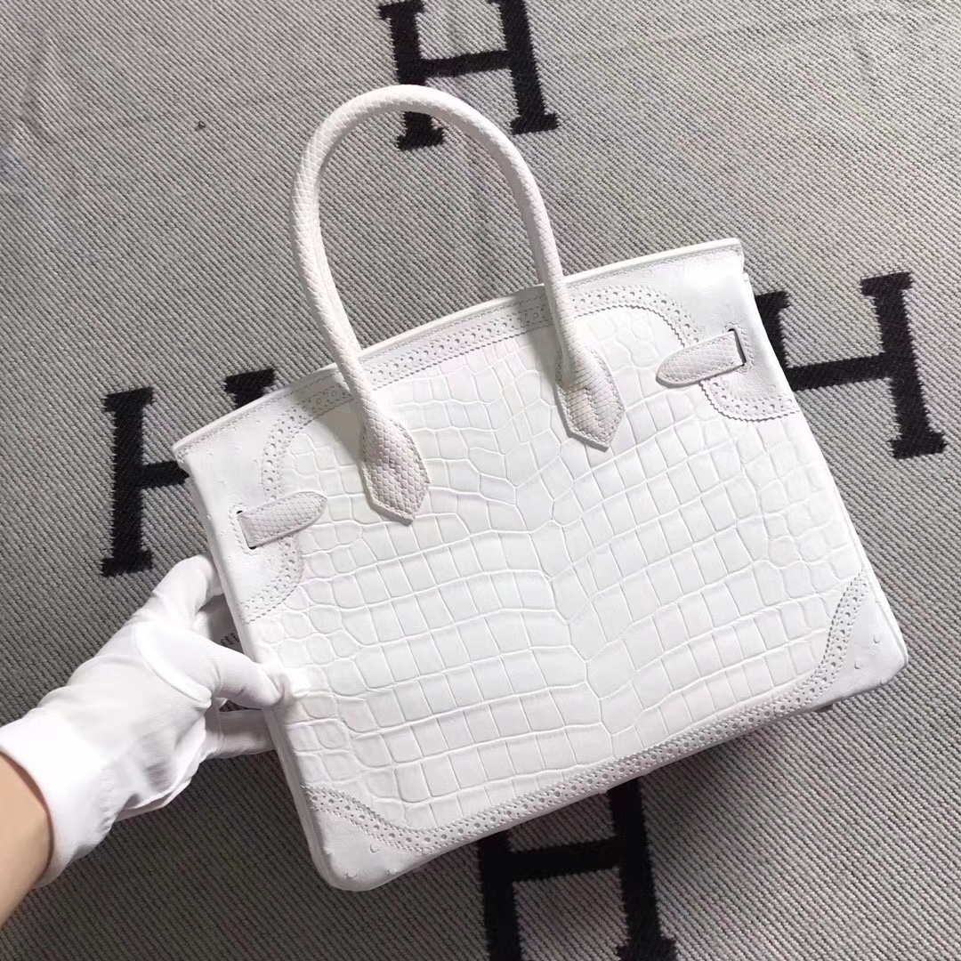 New Fashion Hermes Pure White Multi-leather Ghillies Birkin30CM Bag Silver Hardware