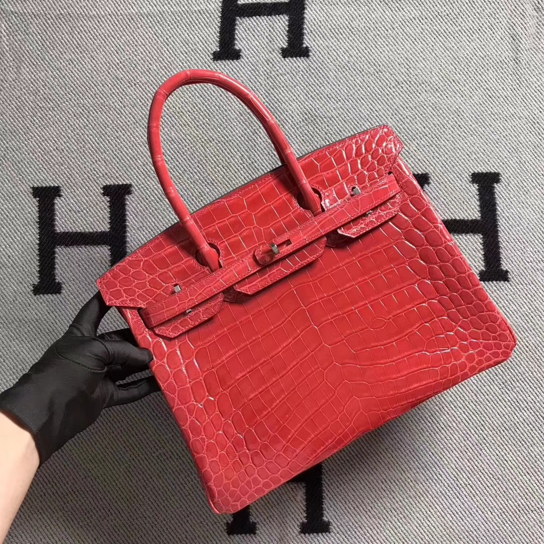 Discount Hermes Rose Peach Niloticus Shiny Crocodile Birkin Bag30CM Gold Hardware